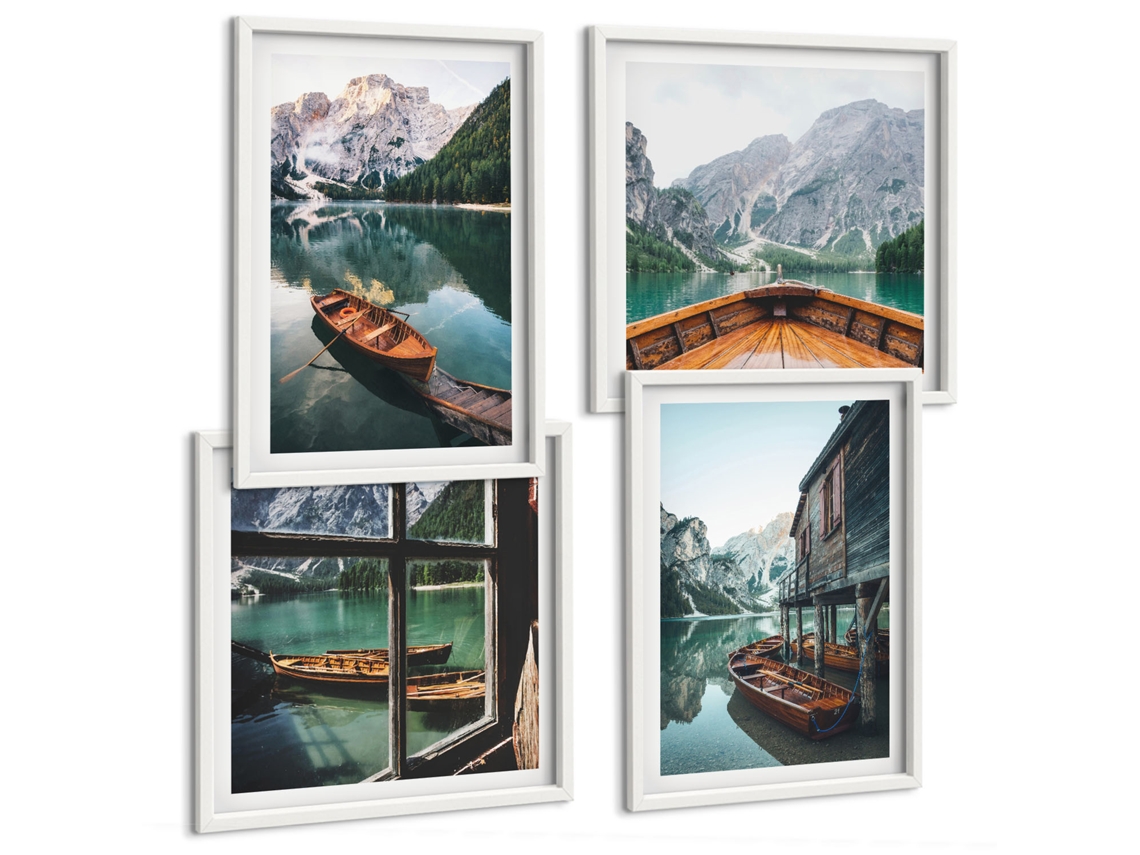Galeria De Pinturas Murais Lago De Montanha, Barcos, Casa Moldura Branca Fotos Para O Escritório Espelharte (conjunto De 4 Imagens)
