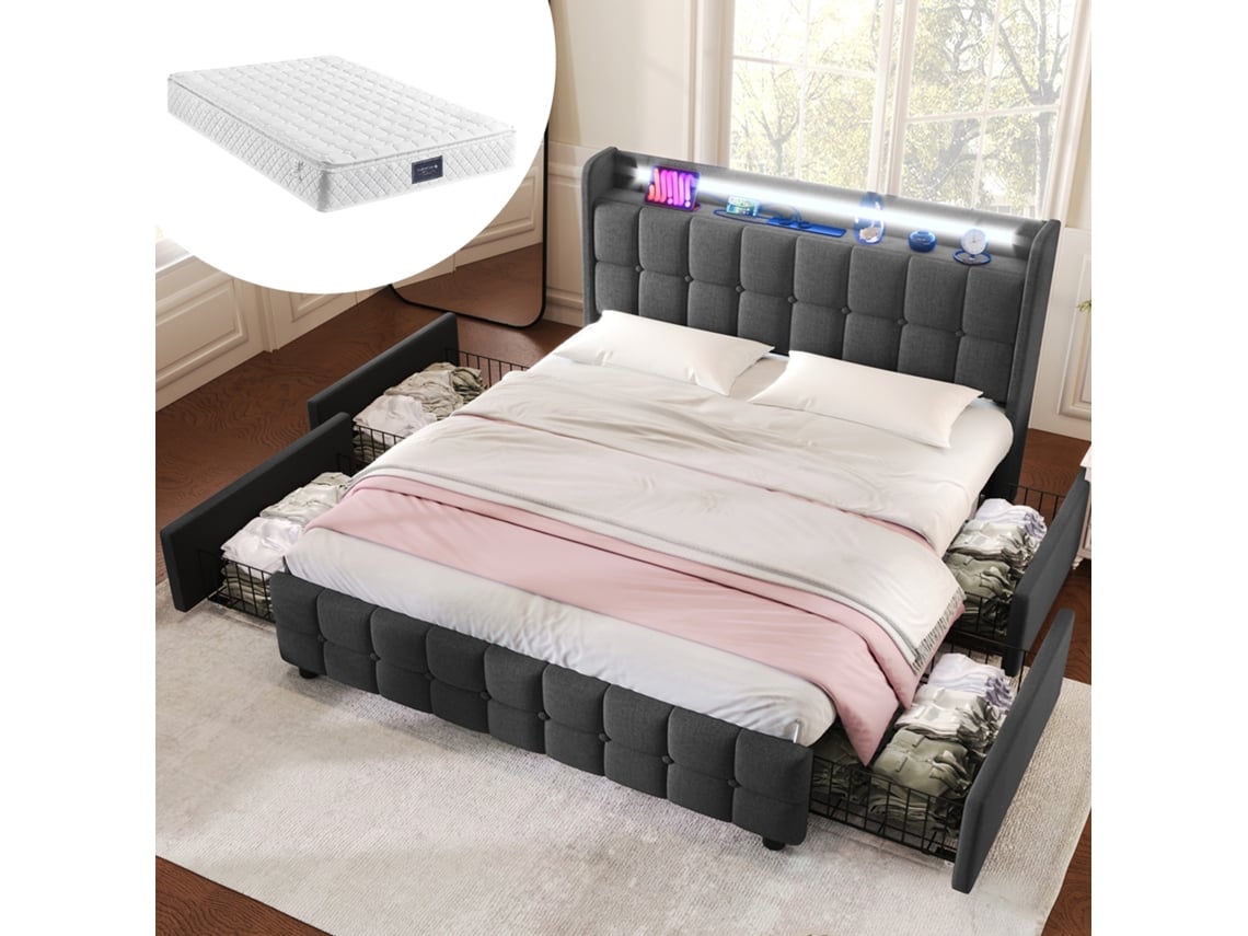 Cama 160x200 Com Led Usb E 4 Gavetas Cinza