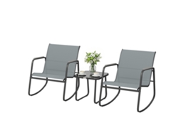 Conjunto Externo 3 Peças Com 2 Cadeiras Balanço E Mesa Vidro, Cinza E Preto