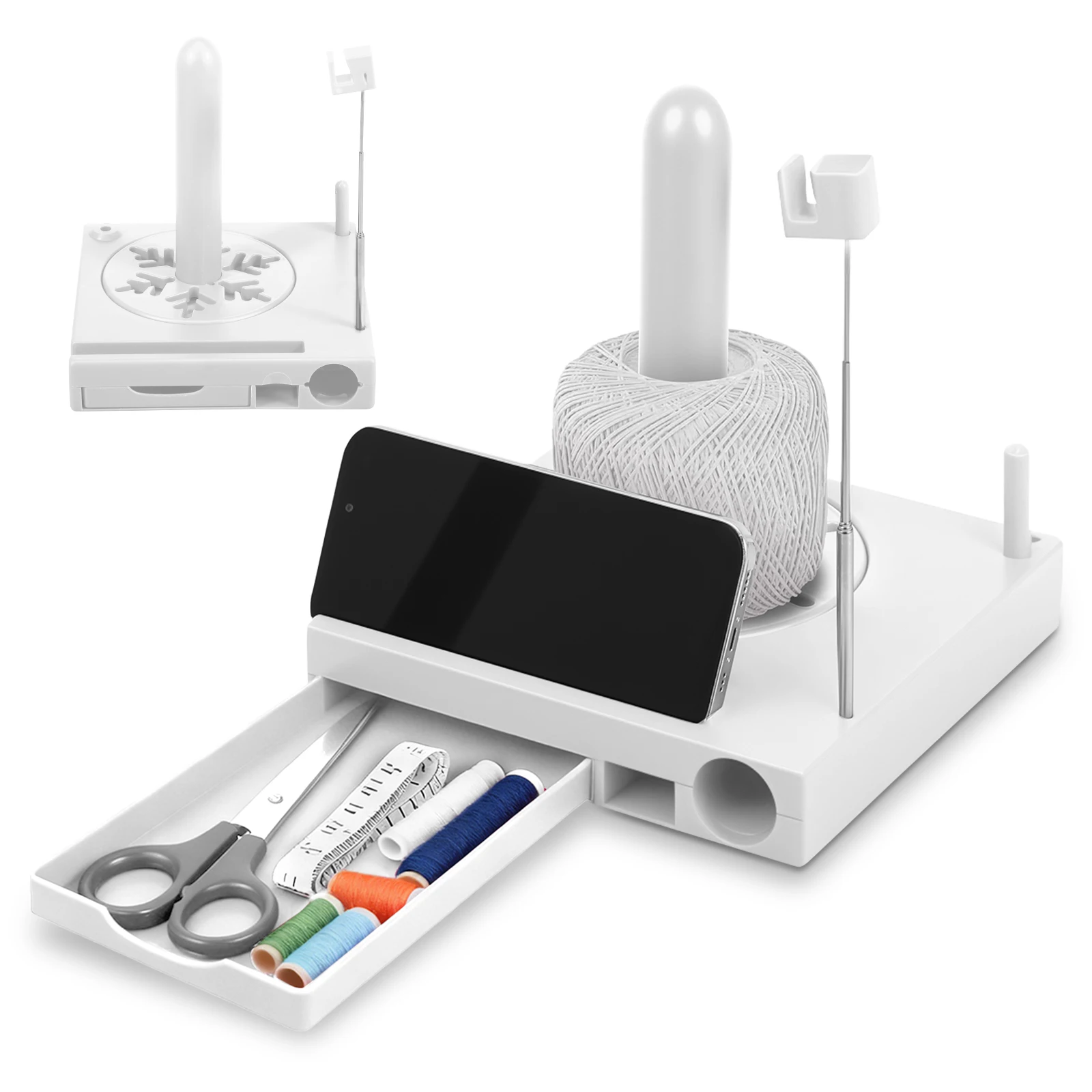 Caixa organizadora de fios portátil, para crochê, com gaveta inferior, suporte para celular, amantes do tricô AQUAFORGE