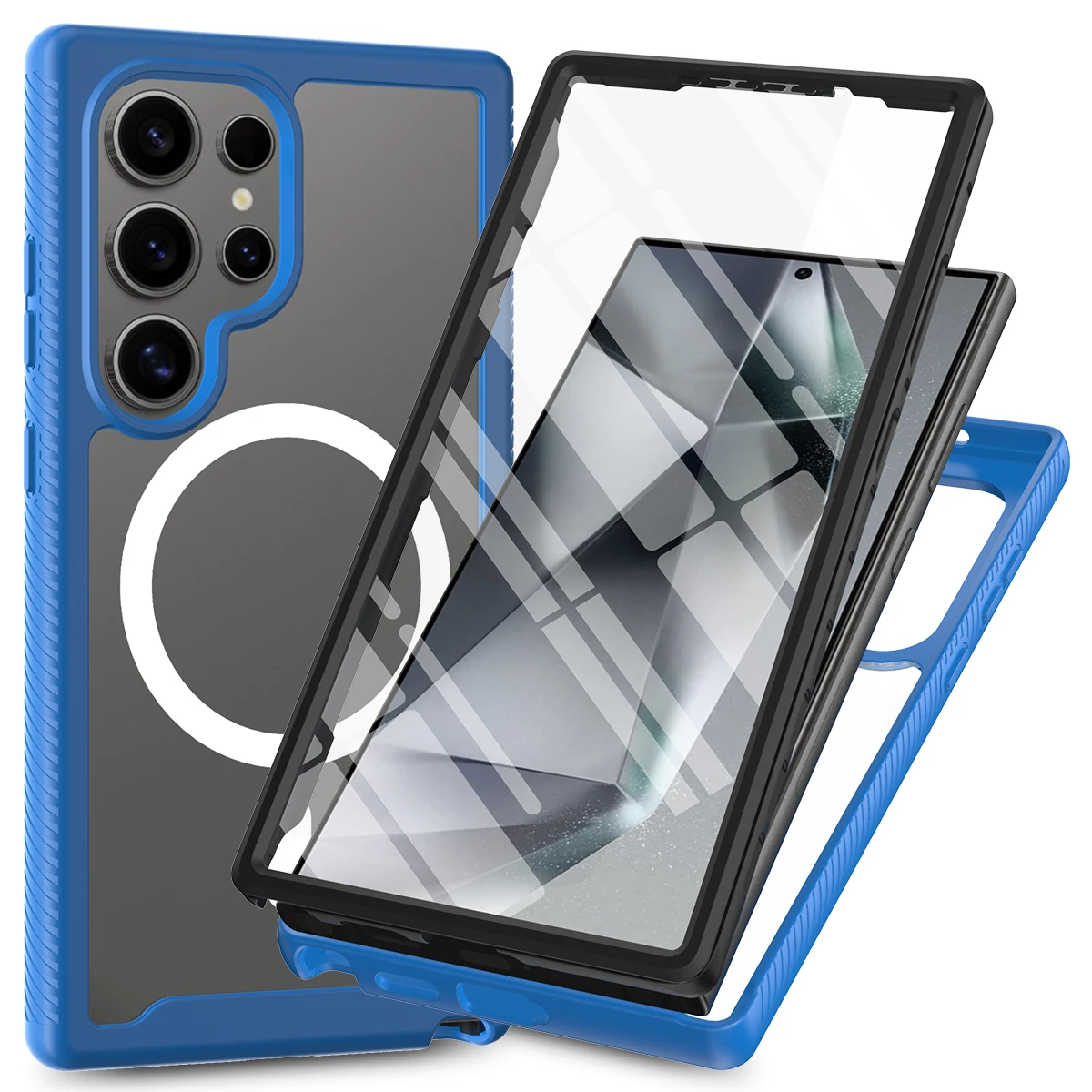 (azul, Galaxy S25) Capa Transparente 360° À Prova De Choque, Compatível Com Carregamento Magnético, Inclui Protetor De Tela.