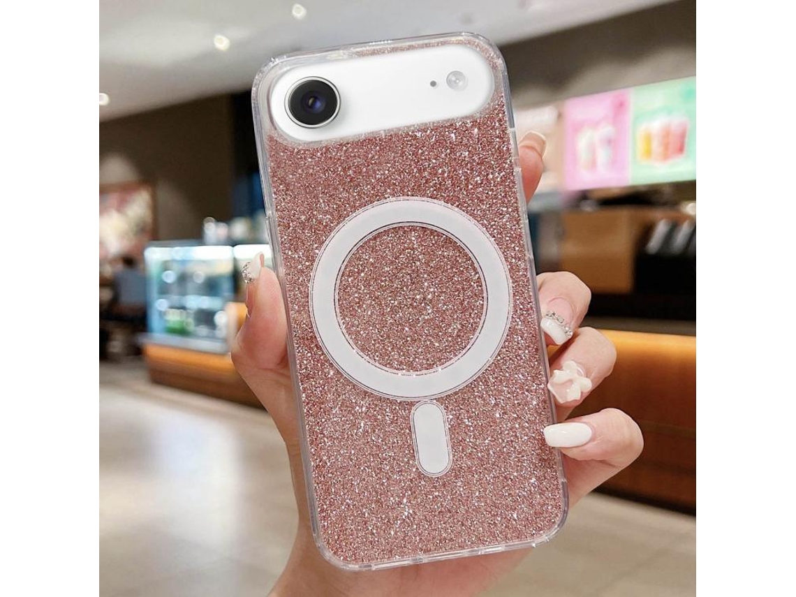 Capa Transparente Com Glitter Para Iphone Air - Acrílico - Magsafe - Rosa