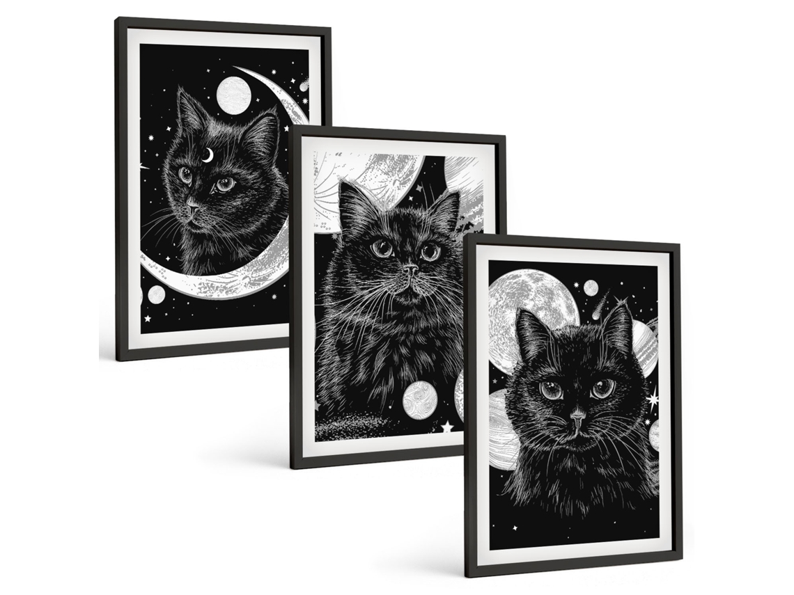 Galeria De Pinturas Murais Gatos Pretos, Lua, Espaço Moldura Preta Imagens Para Um Quarto Infantil Espelharte (3 Piezas De 40x60 Cm)