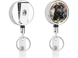 Porta Crachá Retrátil De Metal Compacto E Leve Com Design De Pug Preto Fofo, Clipe E Chaveiro Ideal Enfermeiros