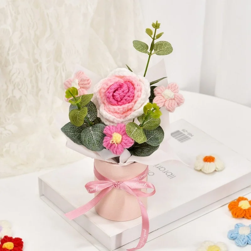 Mini Buquê De Crochê, Buquê De Rosas Trançadas À Mão, Presente Para O Dia Dos Namorados