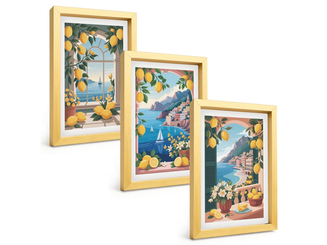 Composição De Quadros Janela Com Vista Para O Mar, Limões Italianos Espelharte (3 Peças 20x30 Cm)