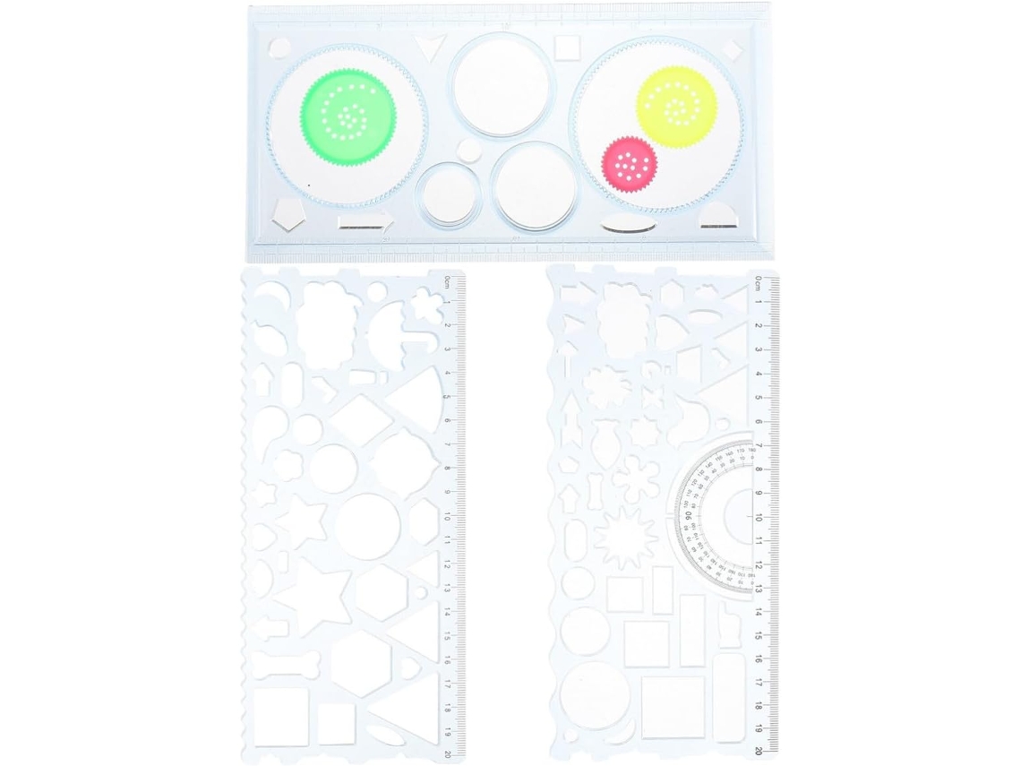 Conjunto de 3 réguas e moldes geométricos para desenvolvimento criativo, em plástico, para treinamento cerebral prático, Cores