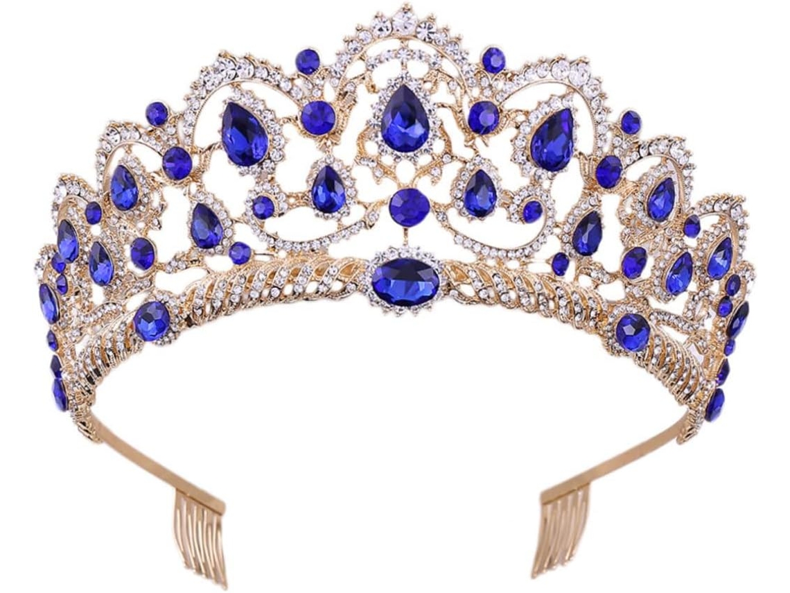 Coroa De Casamento Barroca Com Strass, Coroa De Noiva Dourada E Azul, Tiara Ornamentada