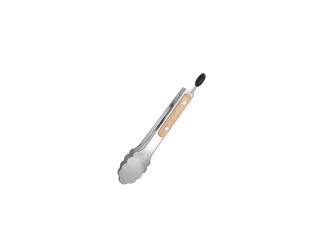 Pinça para Alimentos, Aço Inoxidável, Cabo Madeira, 21cm MDUG