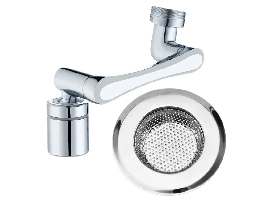 Torneira De Cozinha Giratória Extensível 1440° Com Grande Ralo Pia Aço Inoxidável - Acabamento Em Cobre E Prata