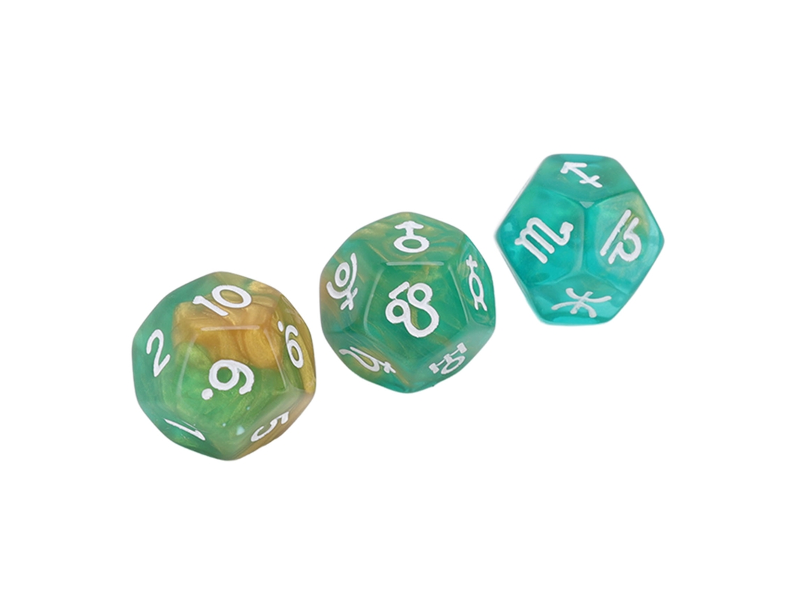 Mali conjunto de 3 Dados Astrológicos de 12 Lados com Glitter Rune para Jogo de Tabuleiro