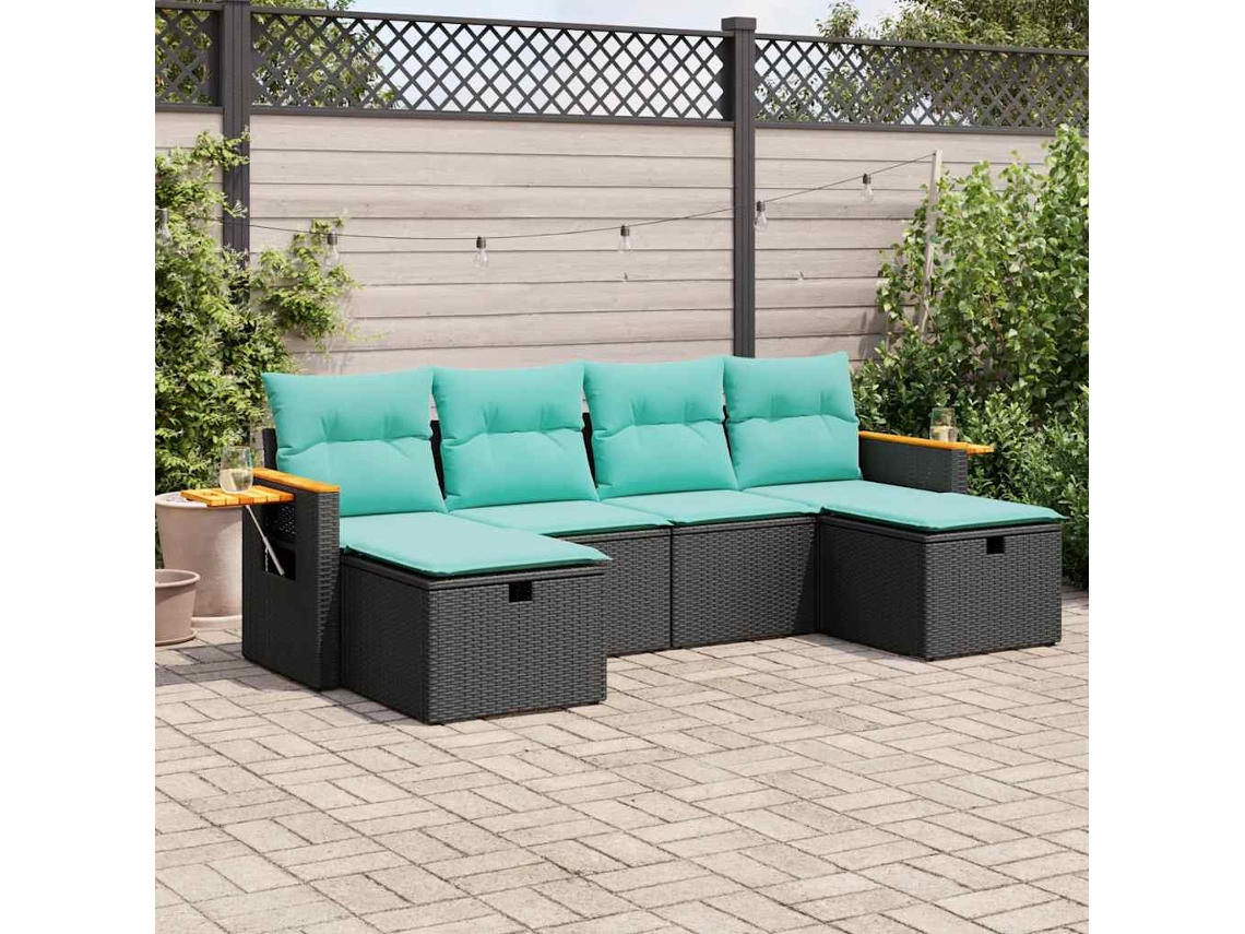 Vidaxl 6 Pcs Conjunto Sofás De Jardim C/ Almofadões Vime Pe Preto