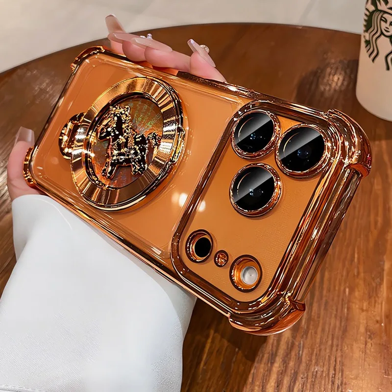 Capa Transparente Eletroplaqueada Magnética Para Iphone 17 Pro Max (laranja) Com Suporte E Airbag.