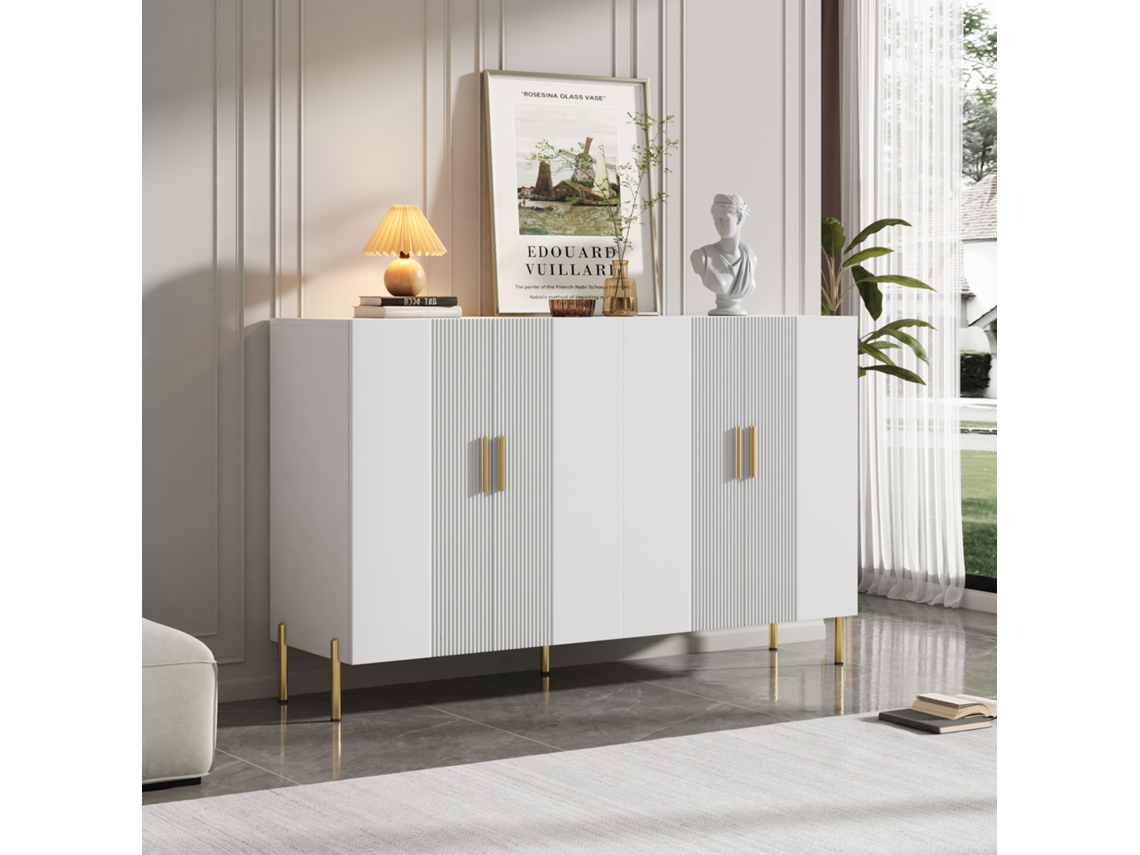 Móveis modernos multifuncionais brancos foscos com 4 portas e decoração dourada para sala de jantar 160x35x100cm Liptaptyn