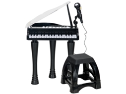 Piano Eletrónico Para Crianças Com 32 Teclas Microfone Banco Luzes 22 Músicas 4 Tons E Volume Ajustável 37x30,5x60,4 Cm Preto
