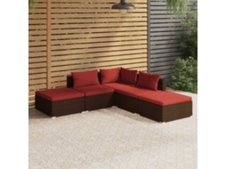 Vidaxl 5 Pcs Conjunto Lounge Jardim C/ Almofadões Vime Pe Castanho
