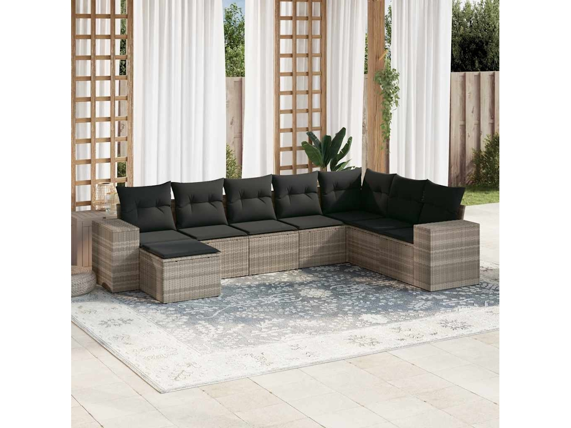 Vidaxl 8 Pcs Conj. Sofás Jardim C/ Almofadões Vime Pe Cinzento-claro