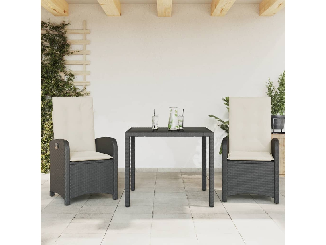 Vidaxl 3 Pcs Conjunto de Jantar P/ Jardim C/ Almofadões Vime Pe Preto
