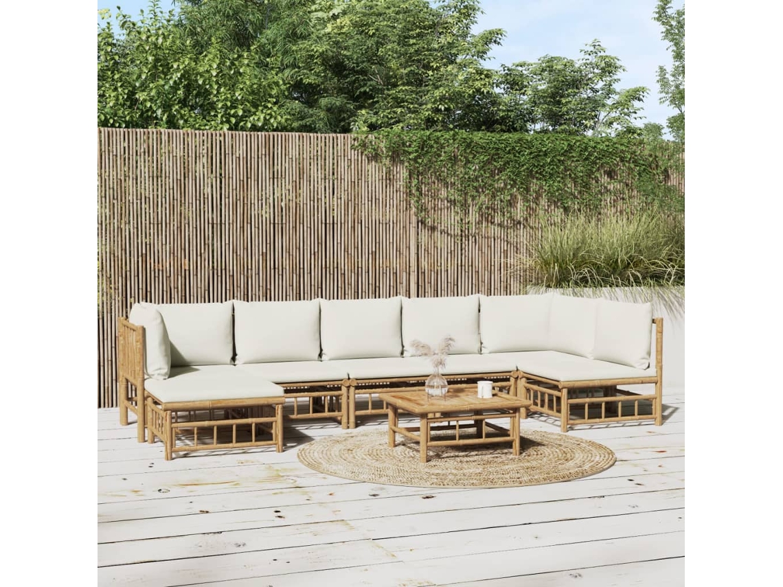 Vidaxl 8 Pcs Conjunto Lounge De Jardim Bambu C/ Almofadões Branco Nata