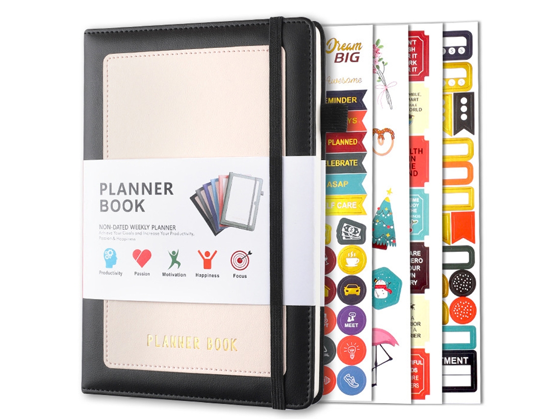 Diário De Caderno A5 240 Páginas Papel Grosso De 100 Gsm Com Bolso Bandagem Elástica Tamanho 8,4 X 5,9 Polegadas Com 4 Adesivos Preto ZMDECQNA
