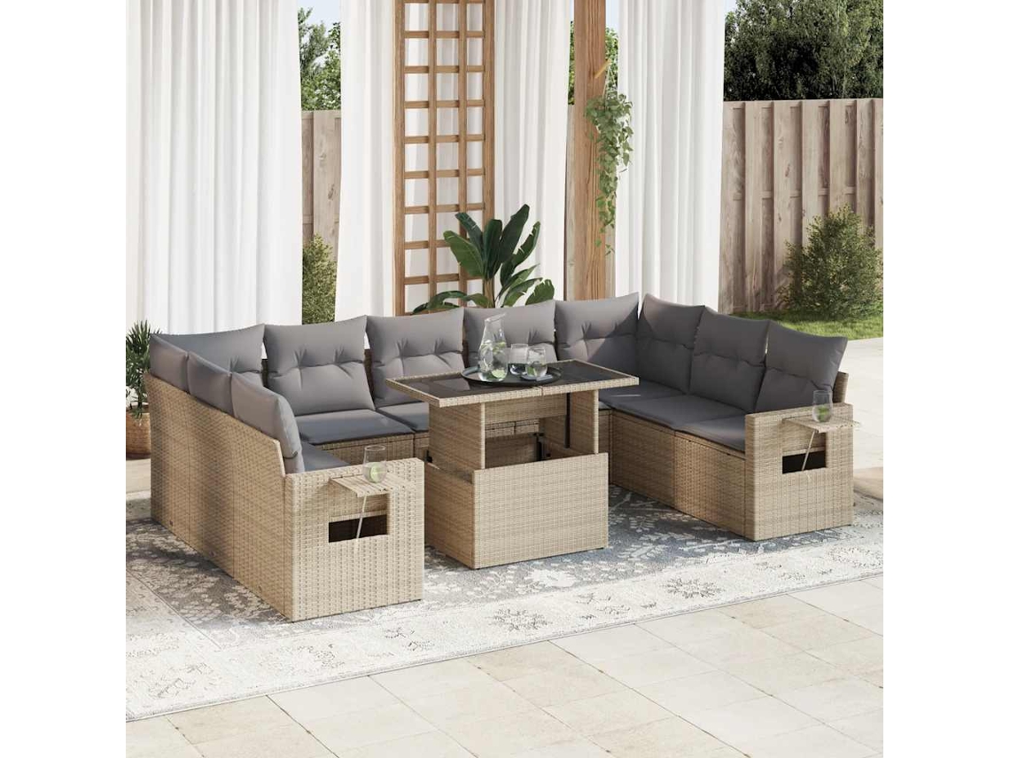 Vidaxl 10 Pcs Conjunto De Sofás P/ Jardim Com Almofadões Vime Pe Bege