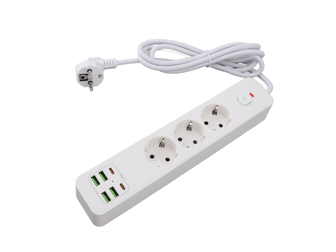Adaptador de tomada para viagem europeu (3 tomadas Furo, 4 portas USB-A + 2 portas USB)