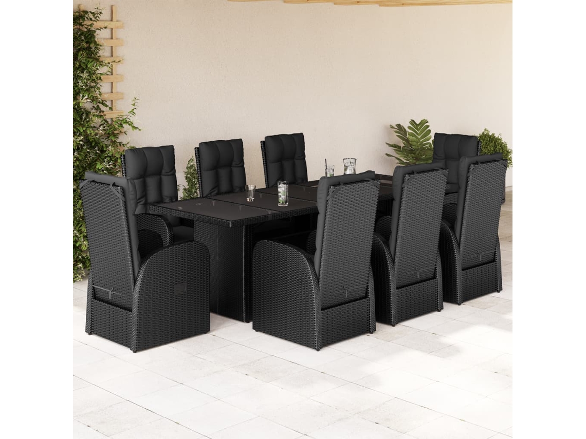 Vidaxl 9 Pcs Conjunto De Jantar P/ Jardim C/ Almofadões Vime Pe Preto
