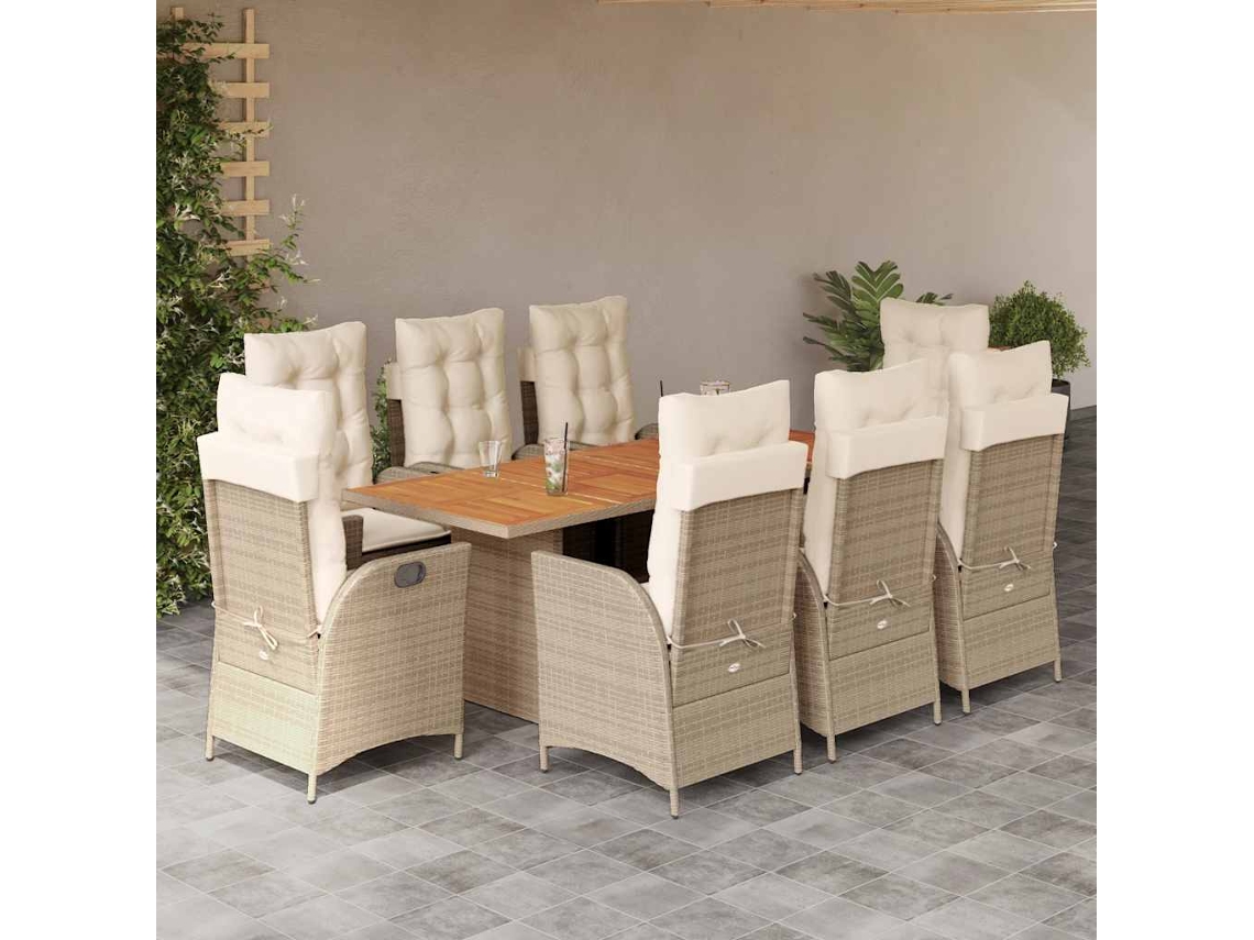 9 Pcs Conjunto De Jantar P/ Jardim Com Almofadões Vime Pe Bege Dkd Home Decor