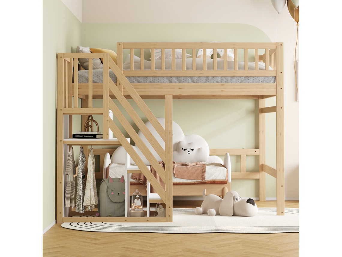 Cama Infantil Madeira Maciça 140x200 Cm Com Escada Arrumação, Grades Altas Segurança E Acabamento Natural