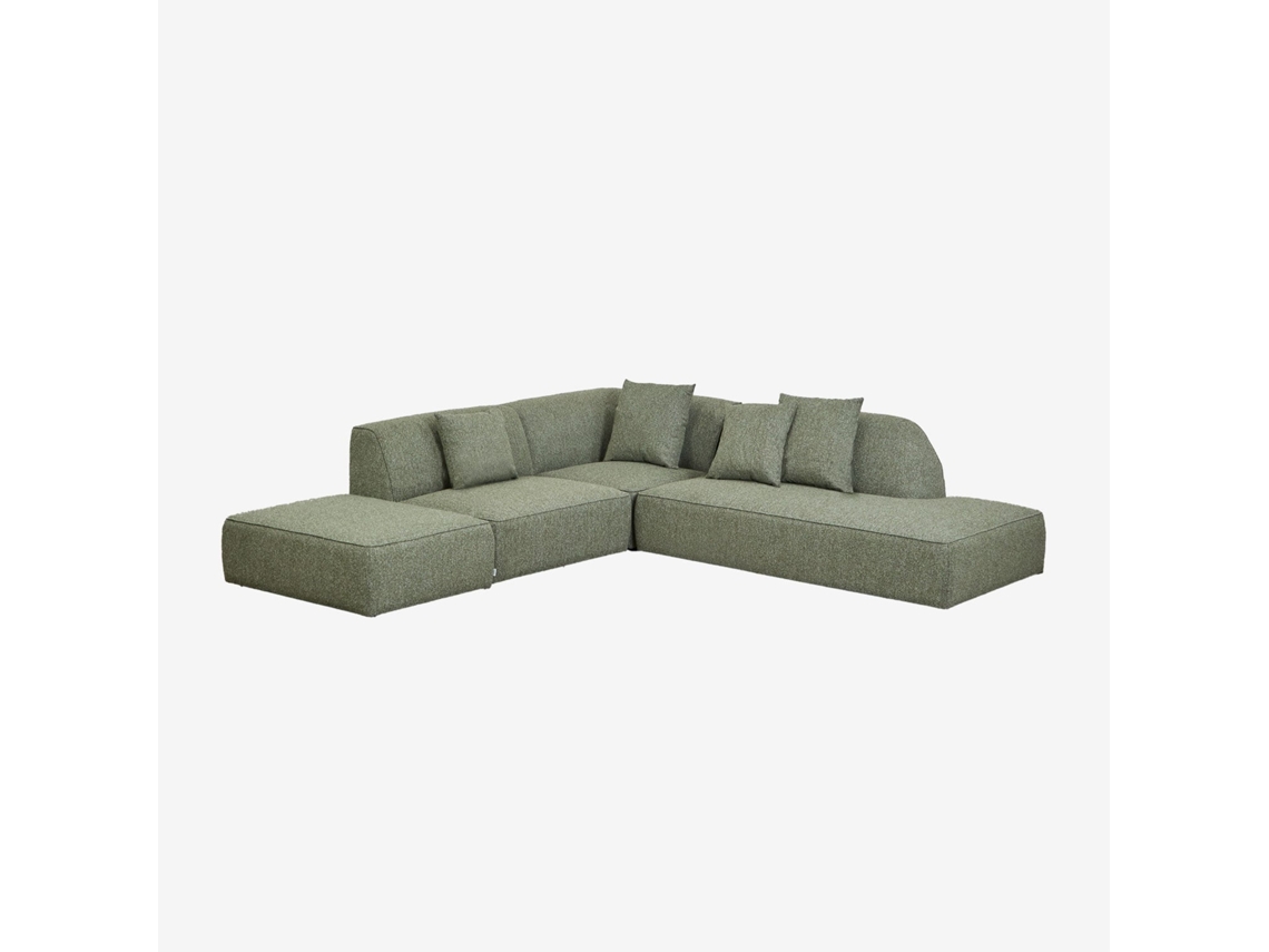 Sklum Sofá Modular De Canto Em 3 Peças Com Chaise Longue Direita E Puff Estofado Cardea Poliéster                       Bouclé Verde Sálvia
