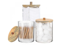 MEOIRUERY Recipientes De Armazenamento Com Tampas De Bambu, Potes De Plástico Duráveis Para Boticário, Dispensador De Cotonetes, Funcional E Decorativo, Organiz