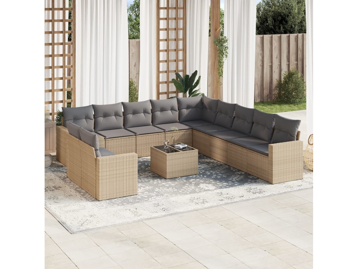 Vidaxl 12 Pcs Conjunto De Sofás P/ Jardim Com Almofadões Vime Pe Bege