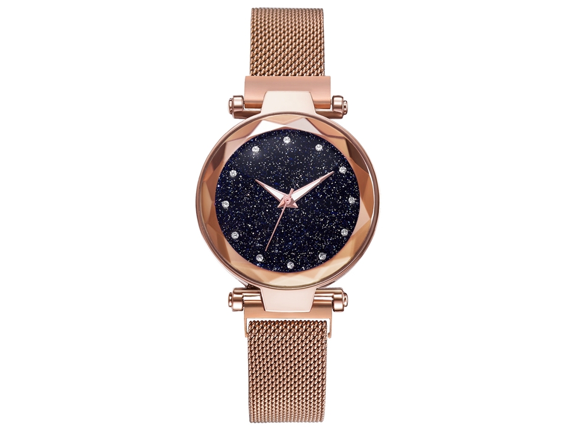 Relógio de Pulseira com Números Romanos e Strass Pulseira de Malha de Moda (ouro Rosa)