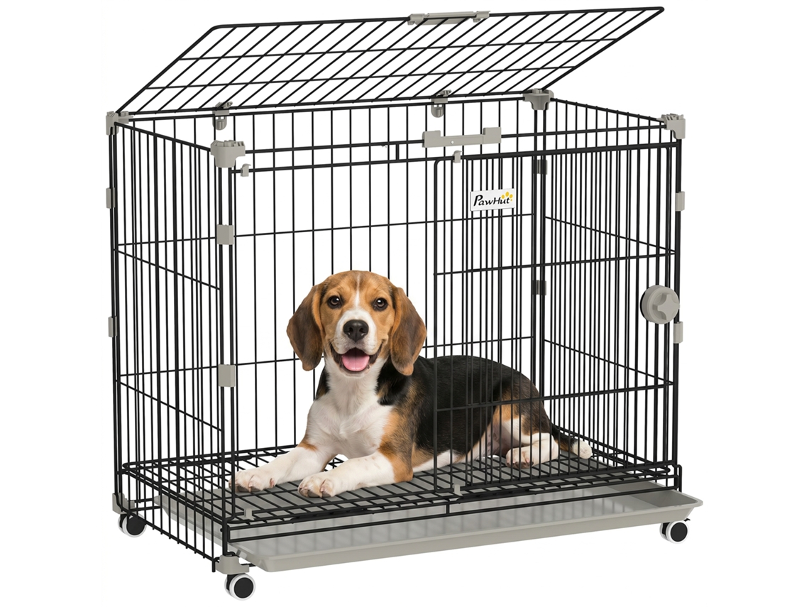 Cage For Chien . Plateau Amovible . Roues With Freins . Roof Ouvrant Verrouillable . 75 . 5x46x64 . 5cm . Noir