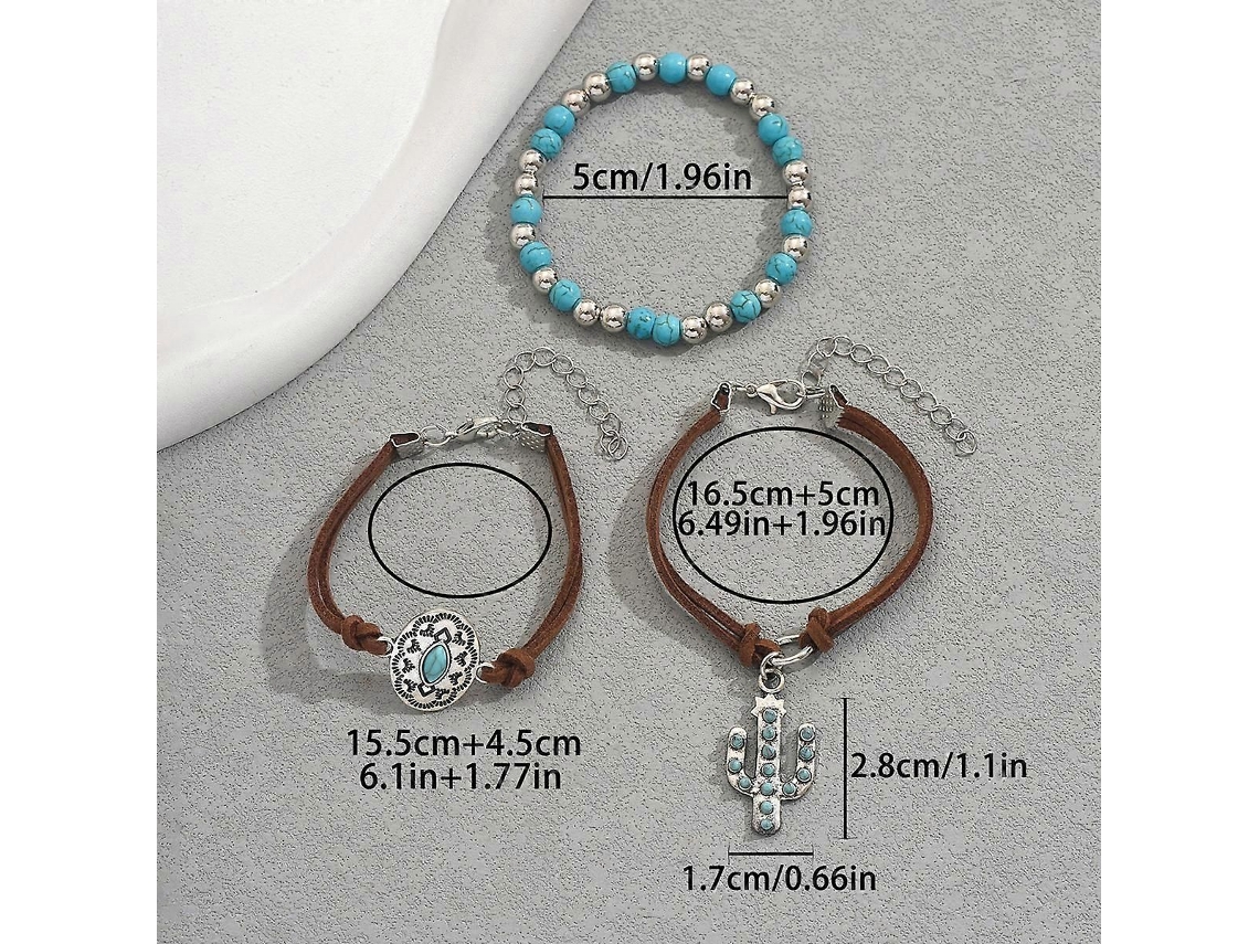 Conjunto De Pulseiras Com Design De Cacto Incrustado Em Turquesa - Acessório De Mão Versátil