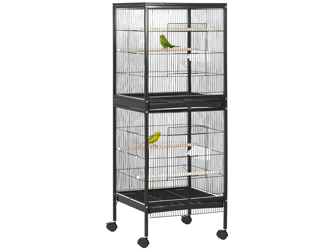 Gaiola Pássaros 2 Níveis Rodas Bandejas Removíveis Portas Comedouros 51,5x50x140 Preto
