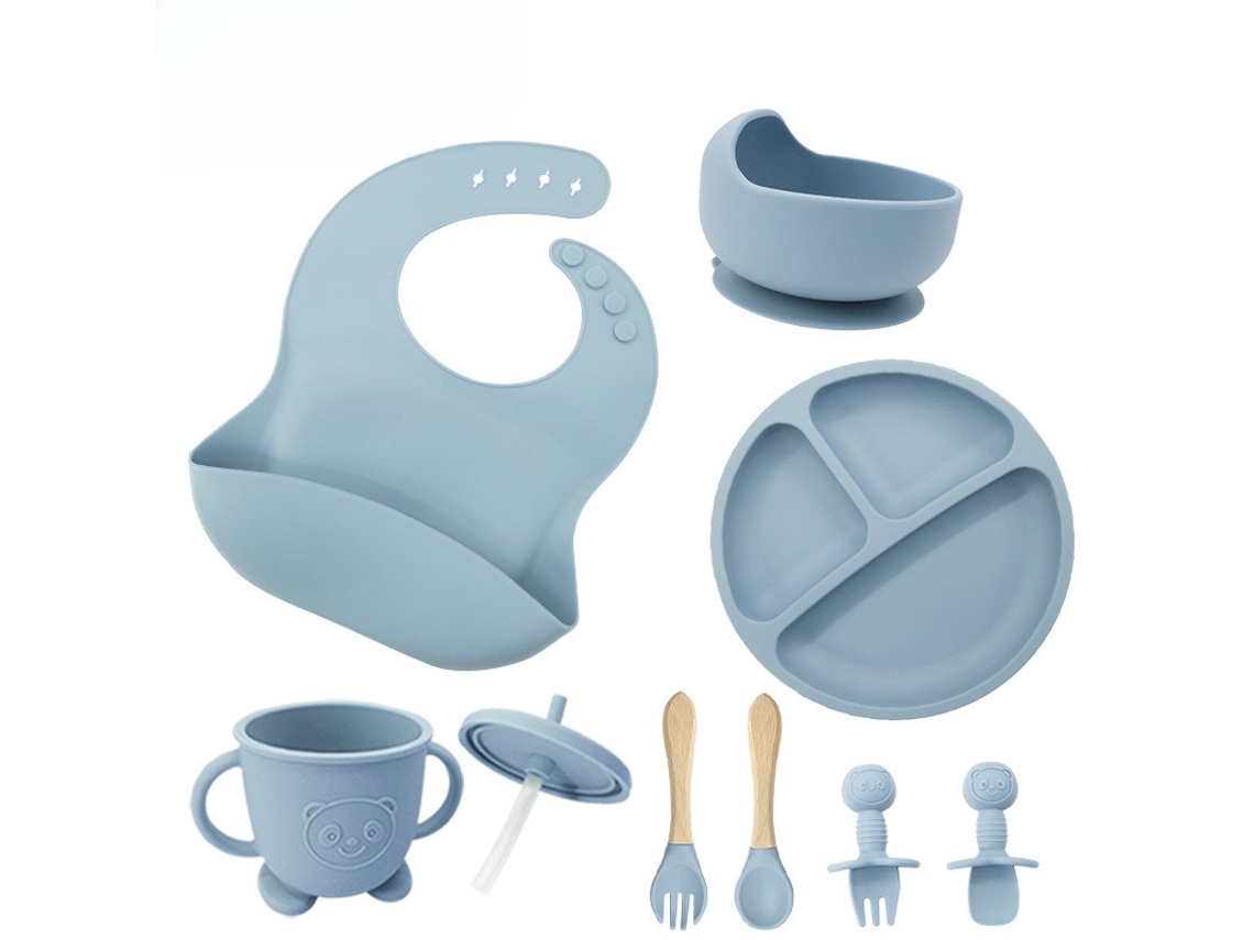 Conjunto de Utensílios em Silicone para Alimentação Infantil, com Ventosas na Base, 8 Peças Azul PANOONA