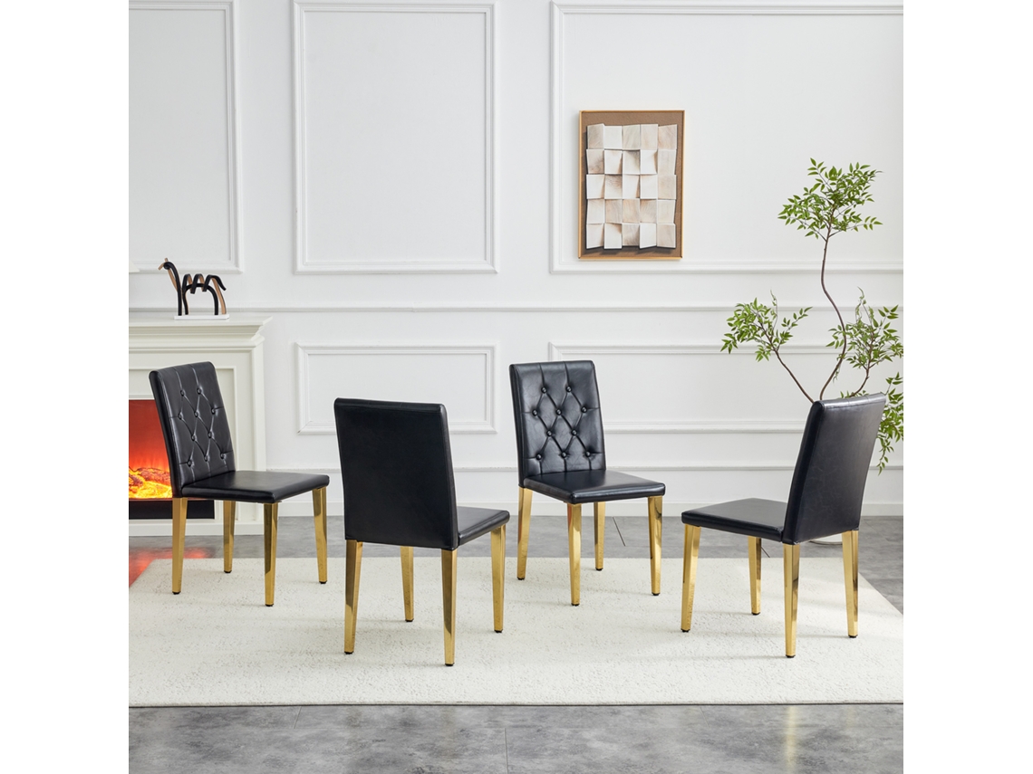Conjunto 4 Cadeiras Jantar Preto Detalhes Dourado Pés Dourado