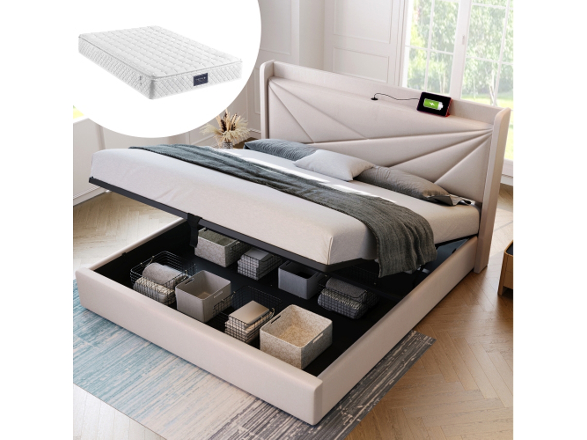 Cama Casal, Amplo Espaço de Armazenamento, Ideal para Adolescentes, Robusta, Durável, Design Prático, Fácil de Montar, Colchão Não Incluso