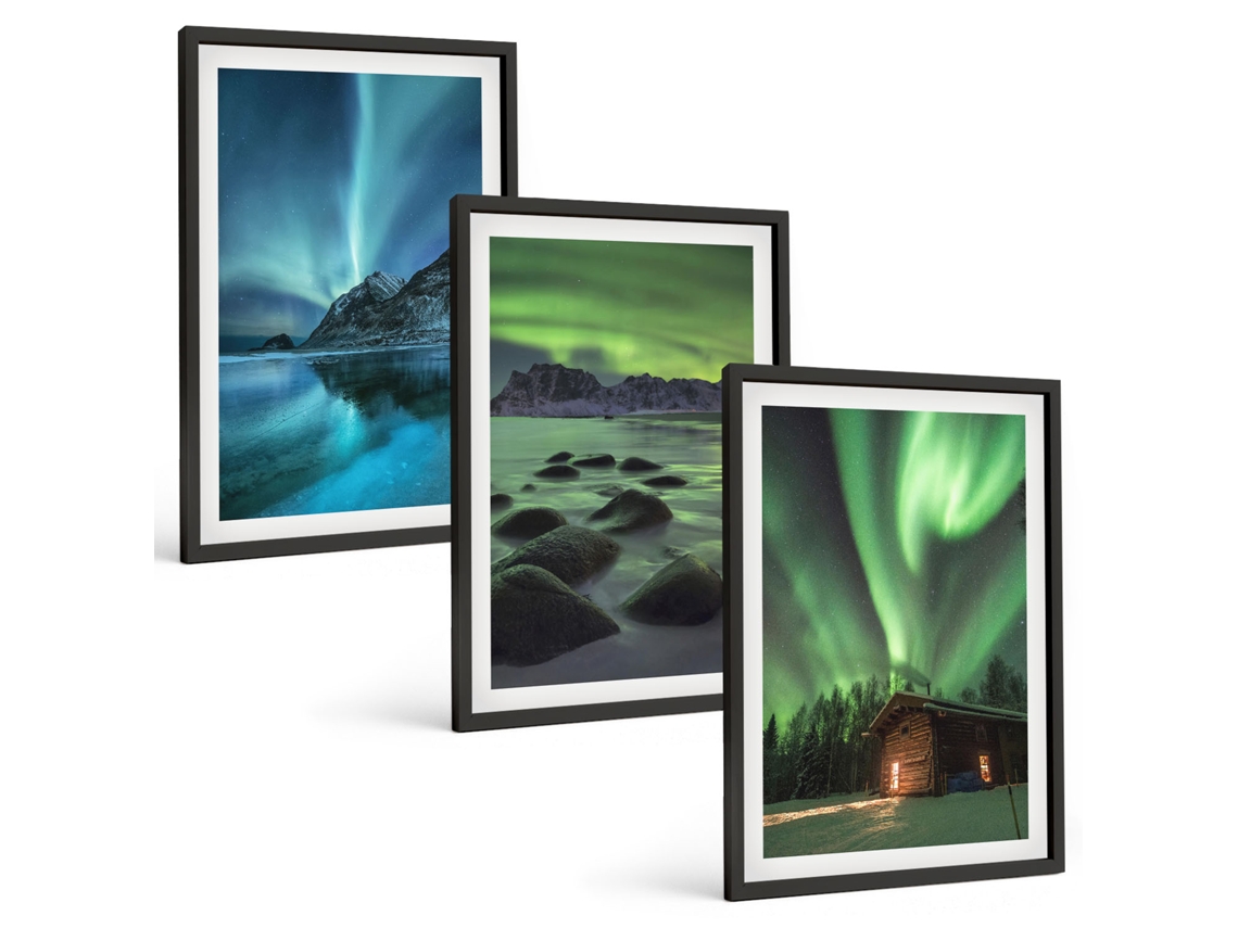 Conjunto De Pinturas Paisagens De Inverno, Aurora Boreal Montanhas Espelharte (3 Peças 40x60 Cm)