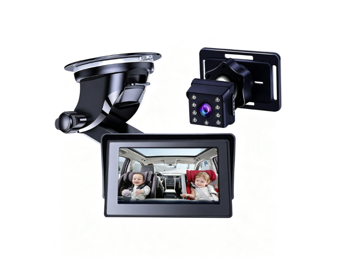 Kit De Monitor De Bebê Para Carro Com Tela Colorida De 4,3 Polegadas E Resolução 1080p, 8 Leds Infravermelhos E Visão Noturna Inteligente.