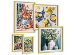 Conjunto De Pinturas Conjunto De Fundo Claro Com Flores E Grama Moldura Dourada Fotos Para O Escritório Espelharte (conjunto De 5 Imagens)