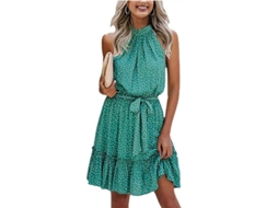 Vestido Halter Bóhemio Com Estampa Floral Ou Pontos, Cintura Ajustável, Manga Curta, Tamanhos S A Xxl Pontinhos Verdes