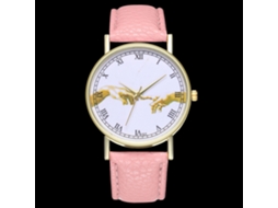 Relógio feminino analógico de quartzo com pulseira de PU, estampa clássica rosa.