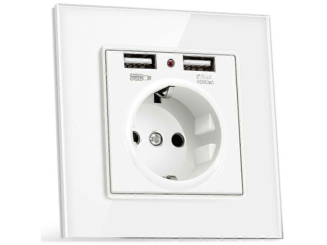 Tomada europeia 230v 16a com 2 carregadores USB 5v 2.1a, painel de vidro BRILVIBERA