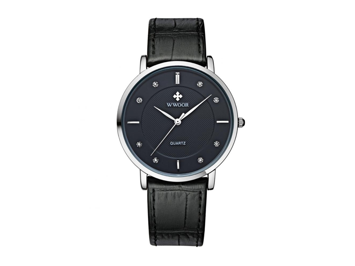Relógio analógico de quartzo WWOOR, à prova d'água e ajustável, com pulseira de couro PU (preto)