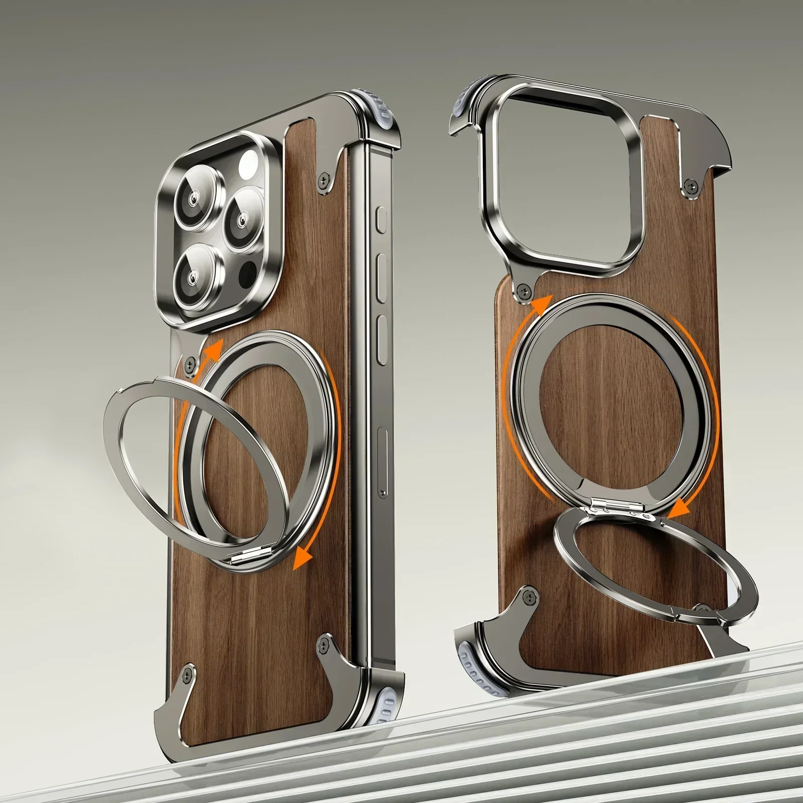 Capa Para Iphone 15 Pro Em Madeira Maciça (titanium), Compatível Com Suporte Giratório Magsafe De 360°.