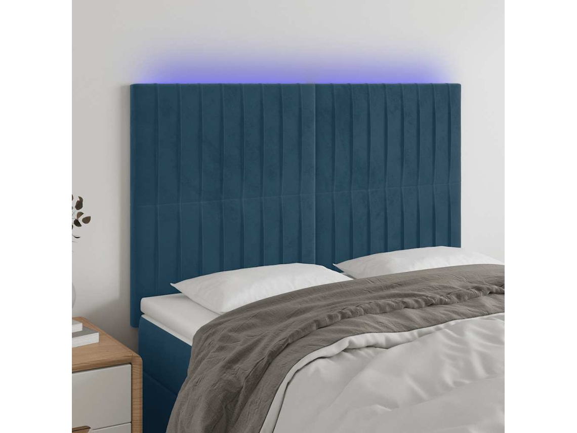 Vidaxl Cabeceira Cama C/ Luzes Led Veludo 144x5x118/128cm Azul escuro