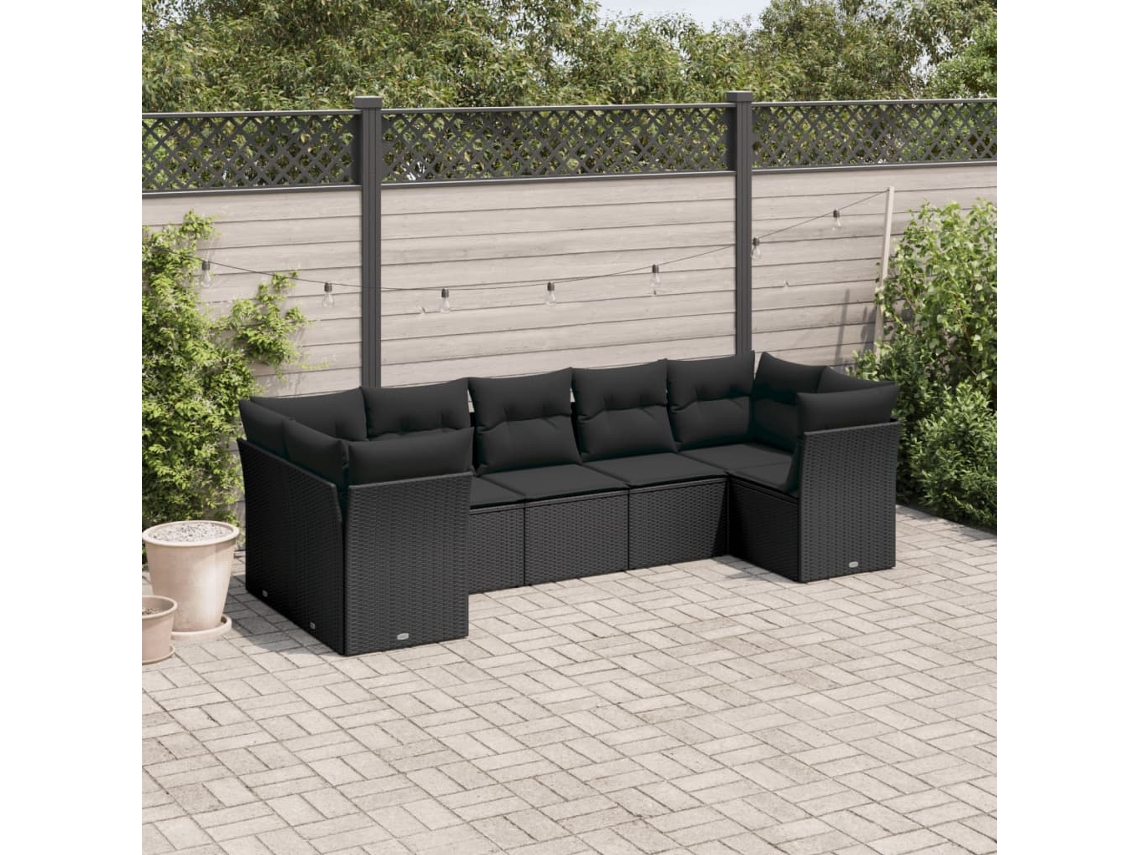 Vidaxl 7 Pcs Conjunto De Sofás P/ Jardim C/ Almofadões Vime Pe Preto