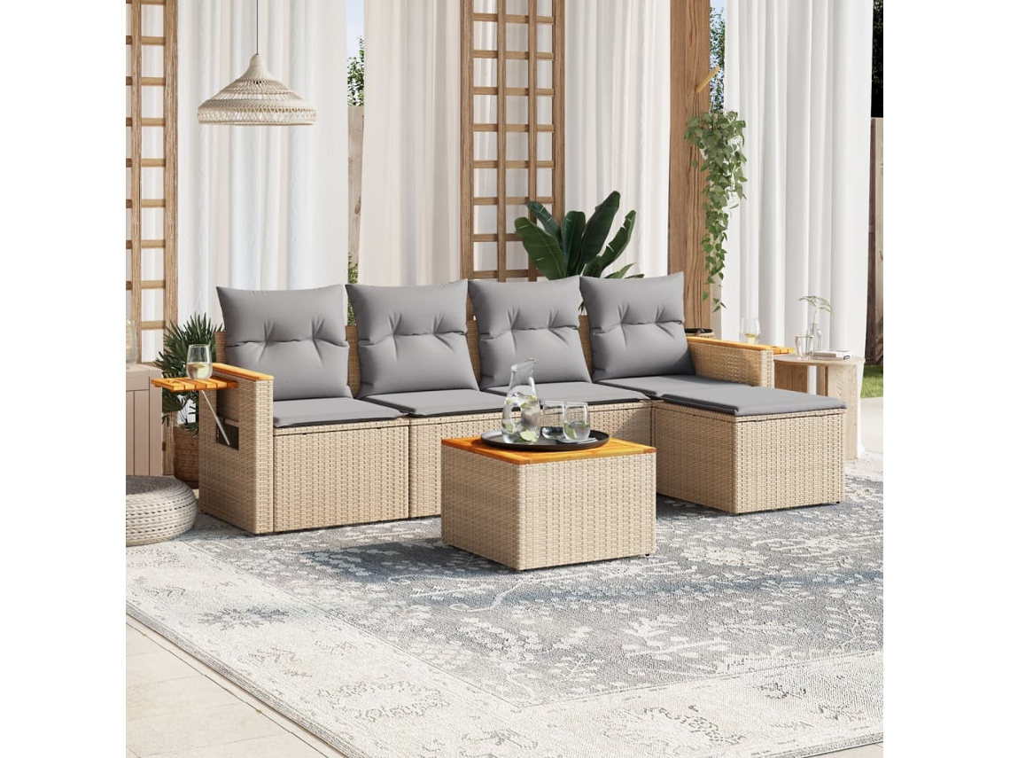 Vidaxl 6 Pcs Conjunto De Sofás P/ Jardim Com Almofadões Vime Pe Bege